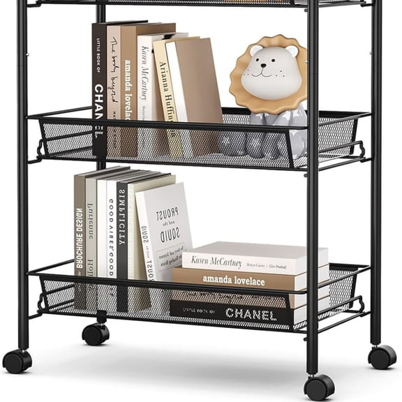 TOOLF 4-Tier Rolling Cart, Metal Utility Cart with 3 Hooks, Easy Assemble Mobile Storage Trolley On Wheels, Metal Shelving Units Kitchen Bathroom Laundry Room