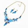 Blue Butterfly Necklace Earrings Set Blue with Gold Trim Tarnish Resistant Jewelry, BFS-01