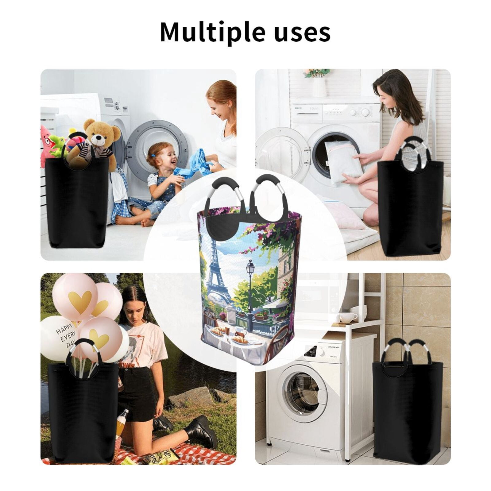 Xecao Parisian Cafe With Eiffel for Laundry Basket,Collapsible Large Laundry Hamper,Wash Bag for Laundry Room, Rolling Laundry Basket with Handles