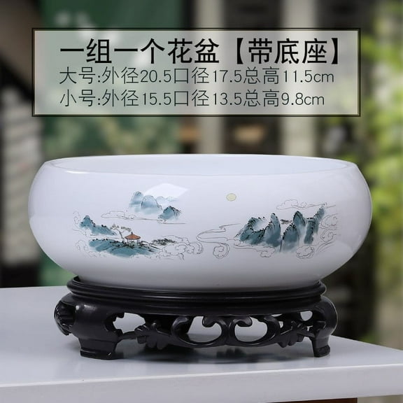 Elainilye Ceramic Hydroponic Flower Bowl with Plastic Stand, Chinese Style Water Planter for Indoor Plants, Decorative Bonsai Pot for Office Desk, Home Garden, Tabletop Decor
