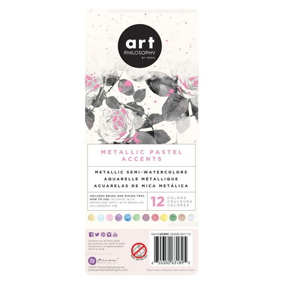 Prima Art Philosophy Metallic Accents Semi-Watercolor Paint-12 Pastel Cakes & Brush