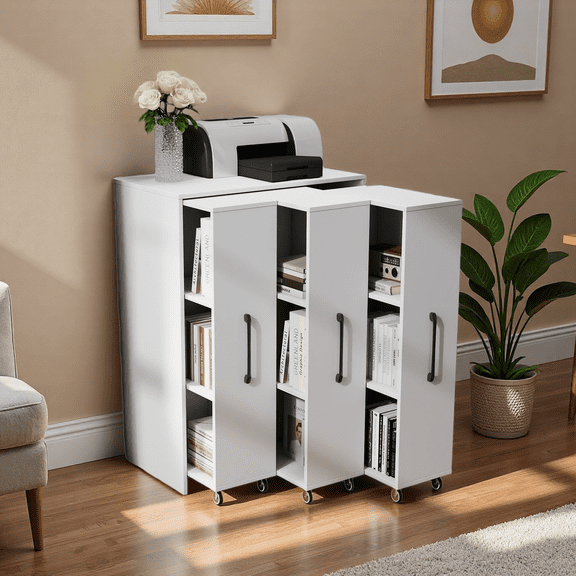 LUMAMIN File Cabinet with 3 Pulled Out Doors, Slide Out Filing Cabinet with Wheels, Multi-Functional Printer Stand Under Desk Storage for Office or Living Room, White
