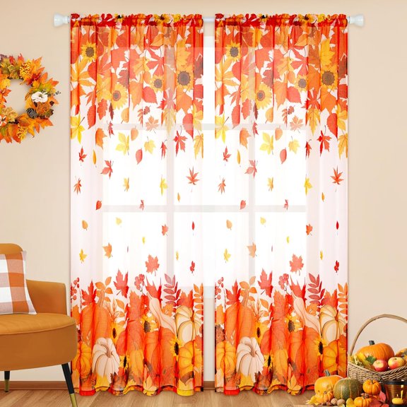 dinii Fall Sheer Curtains for Living Room, Thanksgiving Pumpkin Curtains 84 Inch Length 2 Panels Set, Falling Maple Leaves Sheer Curtain Drapes for Bedroom Windows Fall Decor Gifts (52" W x 84" L)