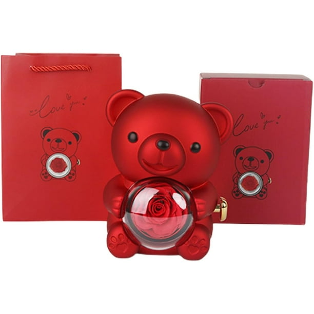 Caja de oso rosa real preservada | Caja de rosas de flores eternas | Caja de rosa y oso real preservada | Caja de regalo de oso rosa | Rosa roja para siempre en caja de oso | Joyero de rosas para Navi