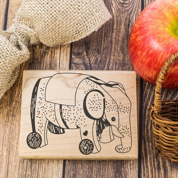 Elephant Toy Art Rubber Stamp, Laser Engraved Craft Stamp on Wood Mounted Block, Size 1-3/4” x 1-3/4”, Made in USA
