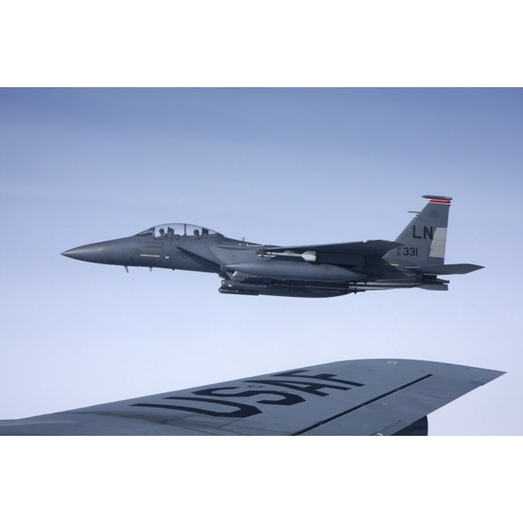 US Air Force F-15E Strike Eagle over the wing of a KC-135 Stratotanker Canvas Art - Daniel KarlssonStocktrek Images (35 x 24)