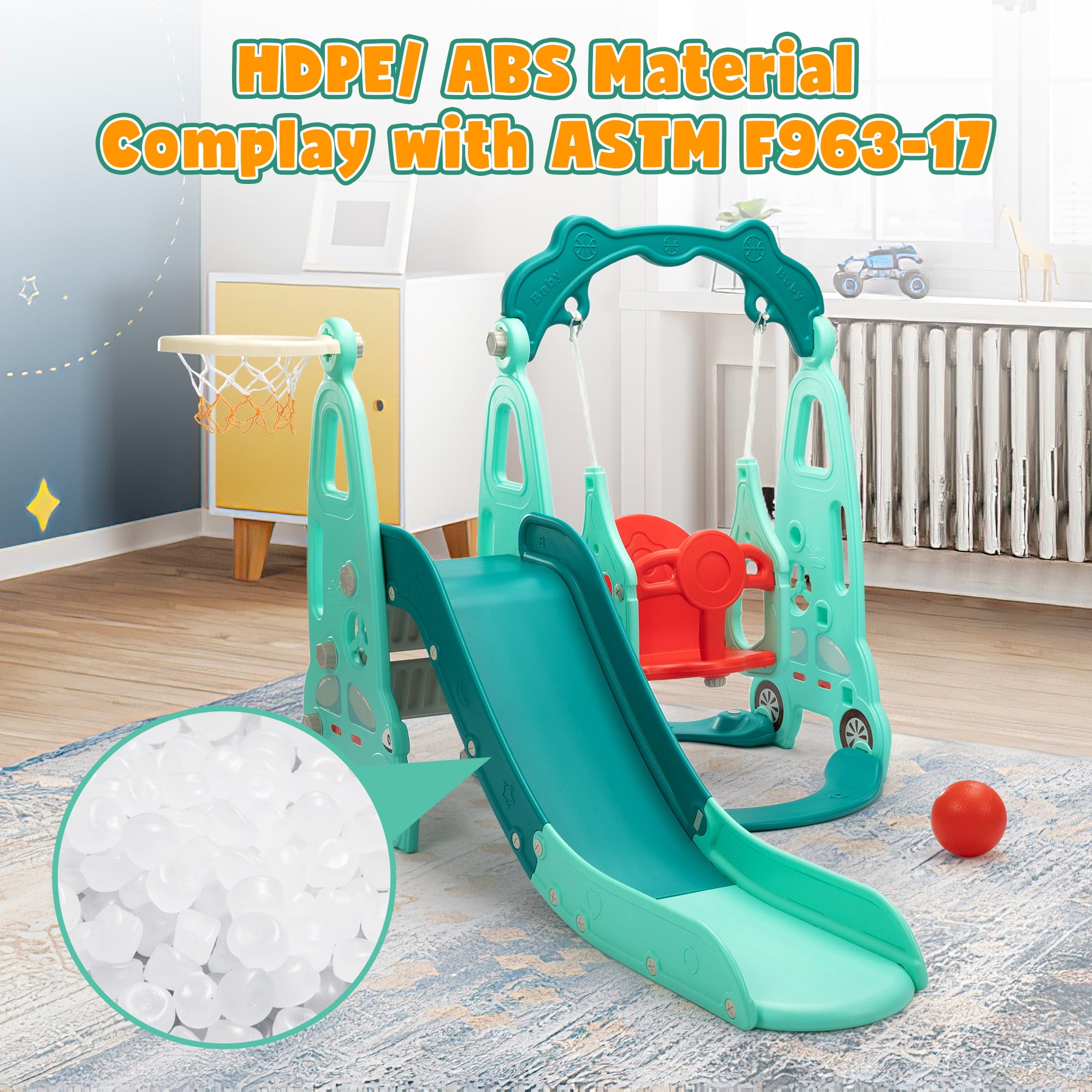 4 in 1 Slide Climber Swing Set, Freestanding Toddler Slide Climber Playset with Basketball Hoop, Toddler Playground Indoor Outdoor, Easy Setup
