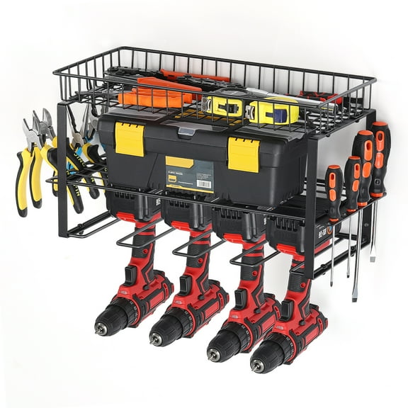 Wall-Mounted Basket Tool Organizer for 4 Drills