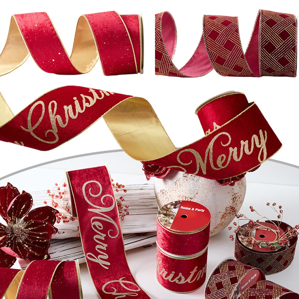 Home Decor 10Yards Merry Christmas Red Flannel Gold Stamped Bow Ribbon 9.1M Ribbon A