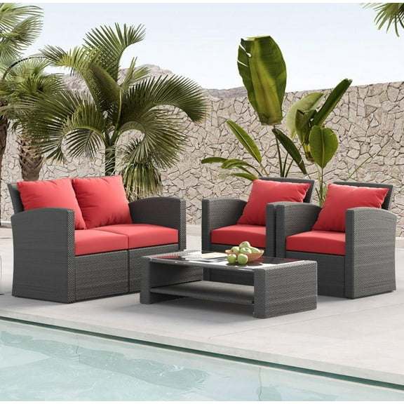 4 Piece Outdoor Patio Furniture Sets All Weather Outdoor Sofa PE Garden Furniture Wicker Rattan Patio Conversation Set with Coffee Table, Red Cushion