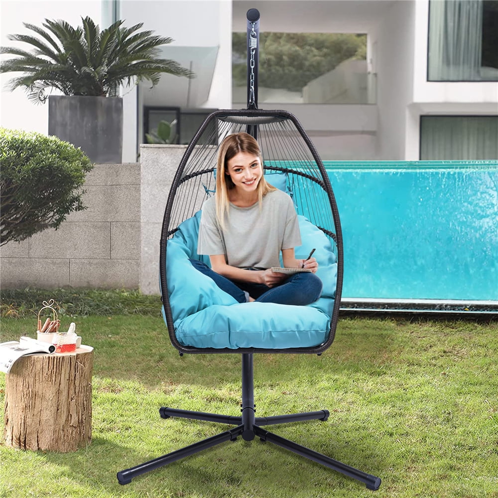 Swing Egg Chair with Stand Indoor Outdoor Wicker Rattan Patio Basket Hanging Chair with UV Resistant Cushions Aluminum Frame 350lbs Capaticy for Bedroom Balcony Patio Brown 