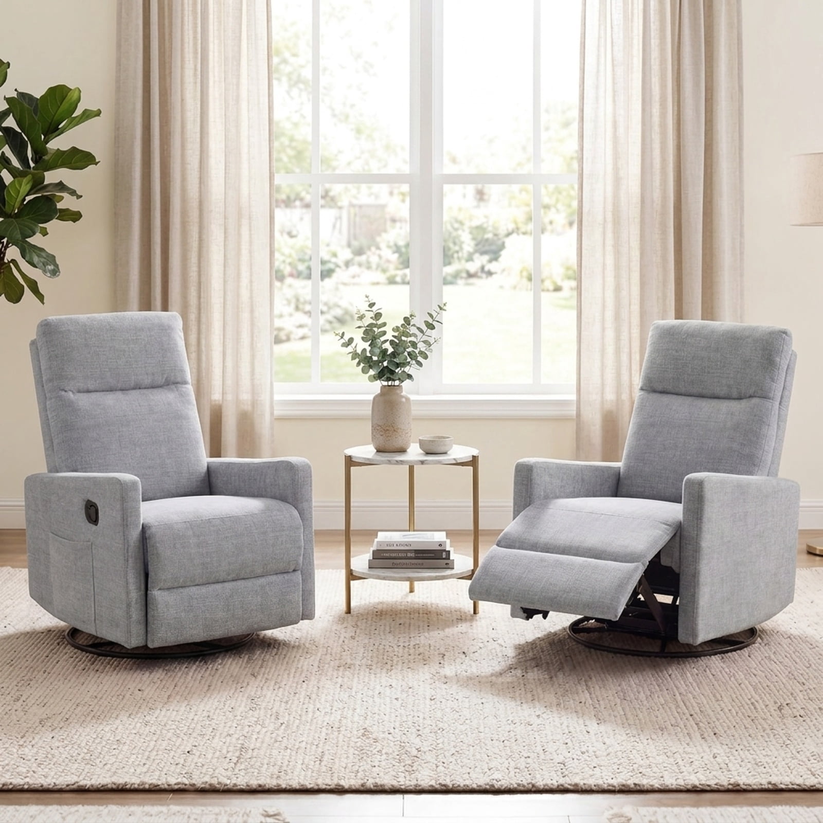 Furnibear Swivel Rocking Chair with 360 Degree Base Reclining Backrest and Extending Footrest for Nursery and Living Room, Gray