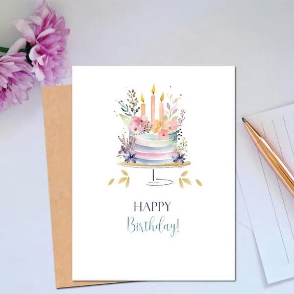 Beautiful Birthday Card with Floral Cake Design – "Happy Birthday!" Greeting – Includes Envelope, Blank Inside for Personal Messages