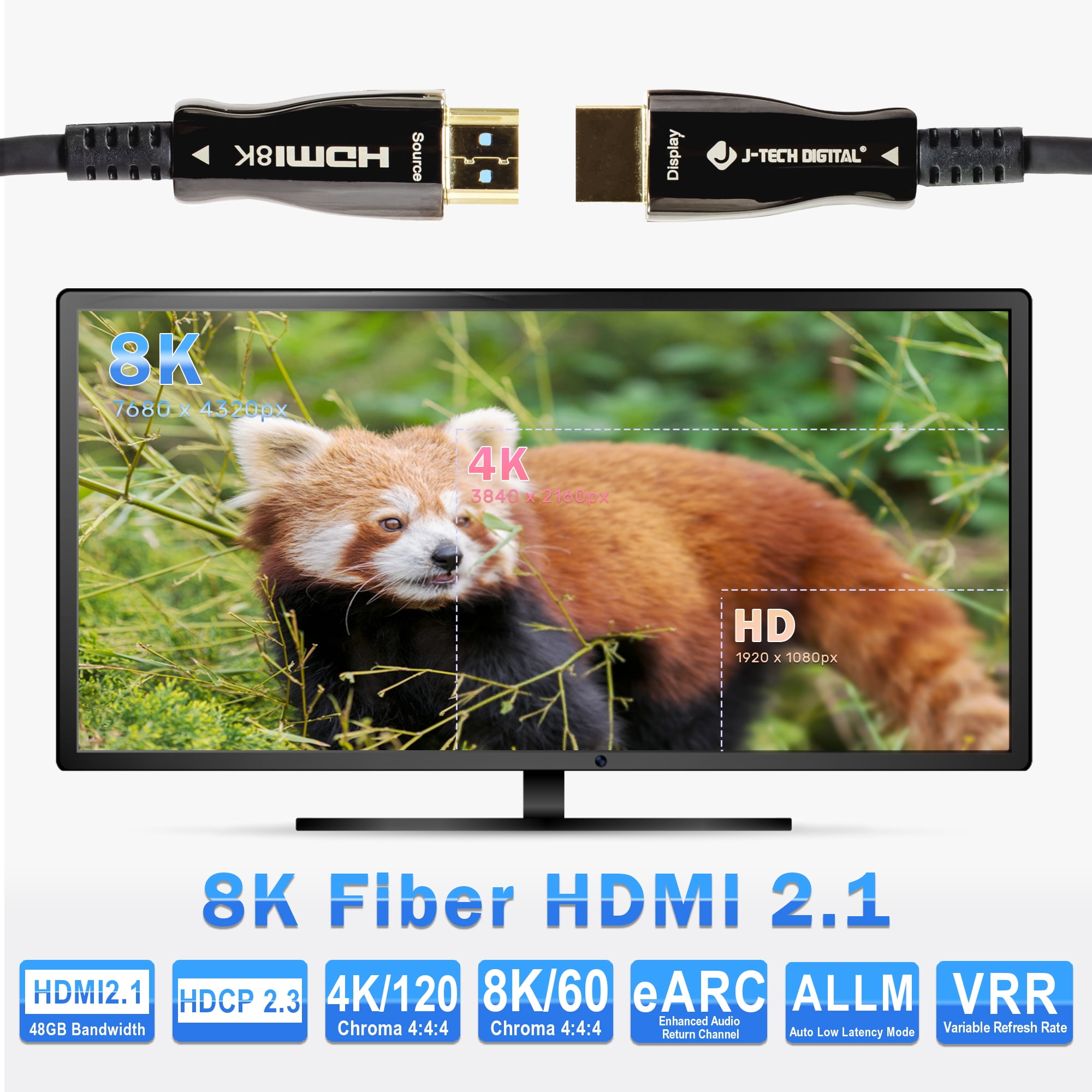8K HDMI 2.1 Fiber Cable 15M 49.2 FT| J-Tech Digital Ultra High Speed 48 Gbps 4K @ 120Hz | 8K @ 60Hz Compatible with PS5 XBOX ROKU [JTECH-FCAB158K]