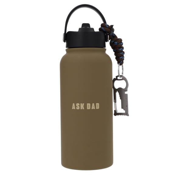 Ask Dad Stainless Steel Hydration Bottle with Carabiner Key Ring, Brown, 30 oz, Father's Day by Way To Celebrate