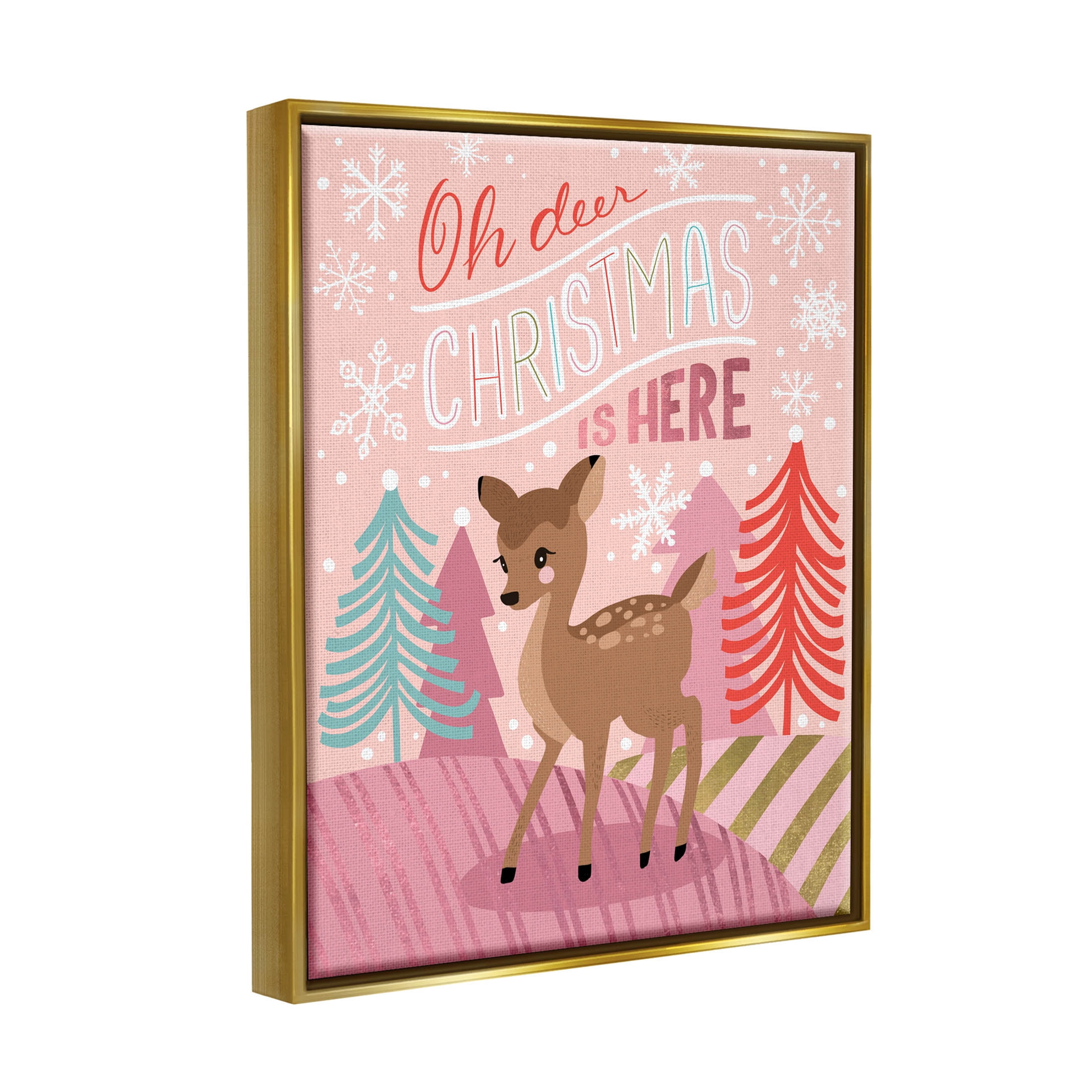 Oh Deer Christmas Is Here Phrase Holiday Graphic Art Metallic Gold Framed Art Print Wall Art