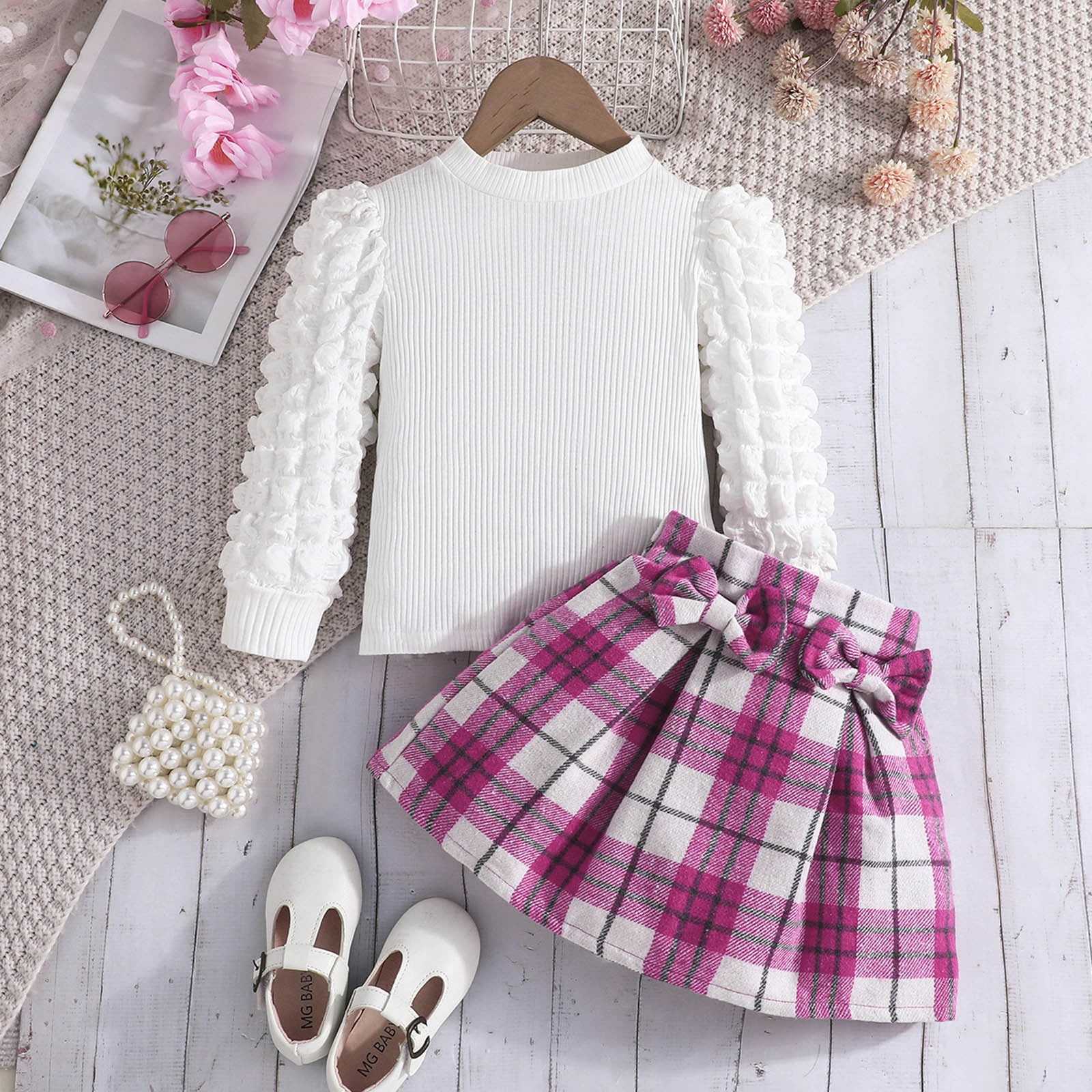 Toddler Fall Outfits Girls Kids Casual Long Sleeve Top Plaid Printed Bow Skirt 2 Piece Set Baby Girl Clothes Hot Pink 7 Years-8 Years