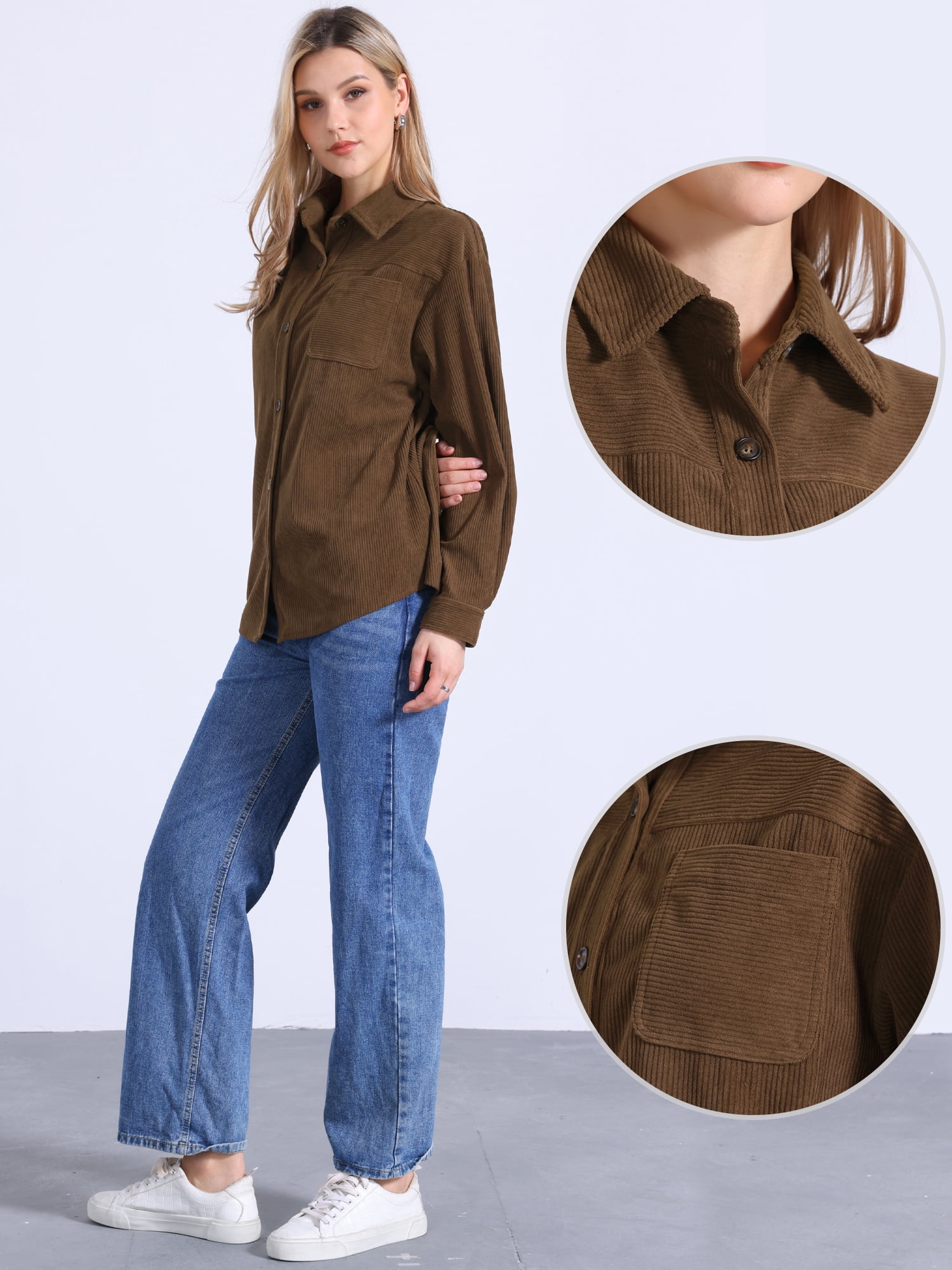DARING DIVA Women's Oversized Button Down Corduroy Shirt Jacket M Brown