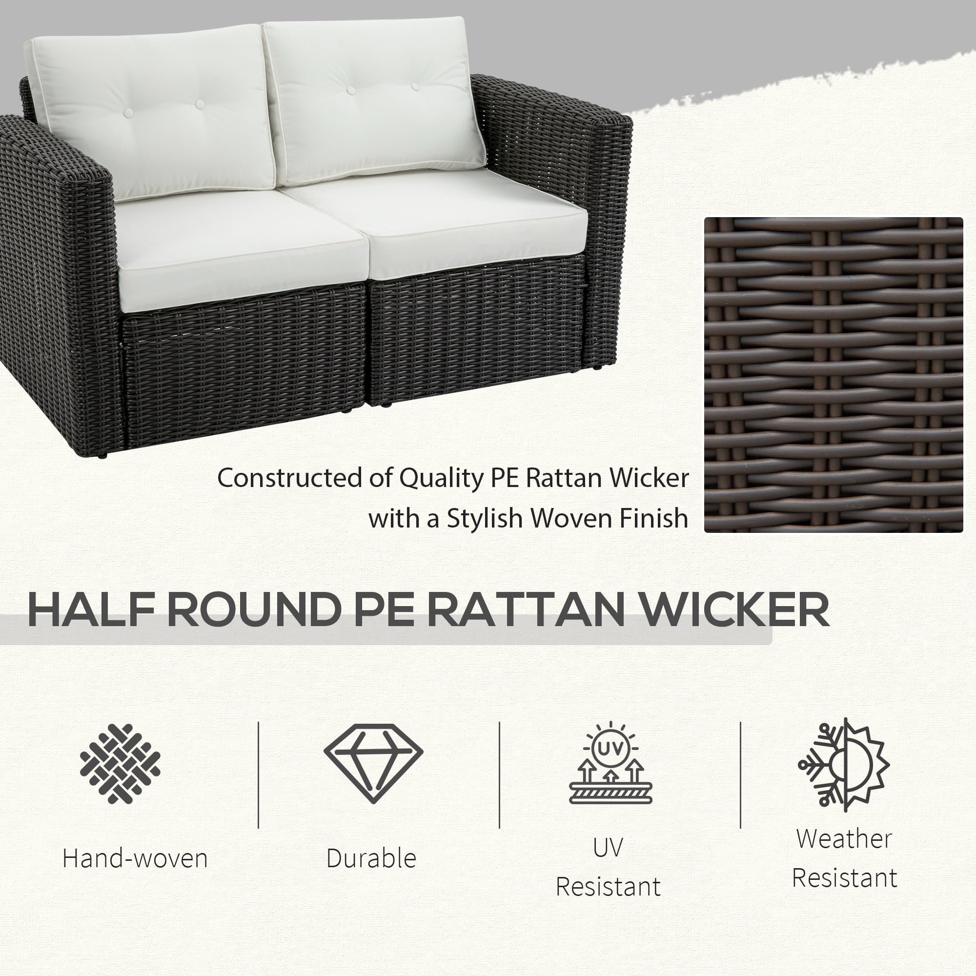 Outsunny 2 Piece Patio Wicker Corner Sofa Set, Outdoor PE Rattan Furniture, with Curved Armrests and Padded Cushions for Balcony, Beige