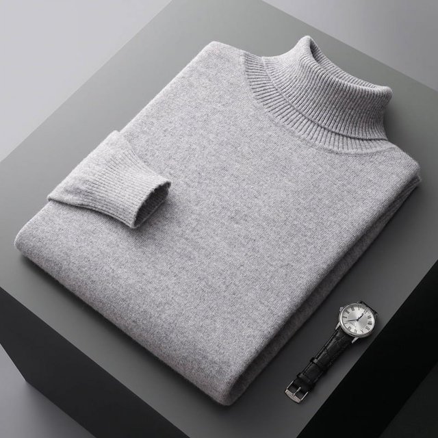 Suéter de lana para hombre, suéter de cuello alto de felpa de lana pura, suéter de punto con solapa y parte inferior cálida para invierno para hombre