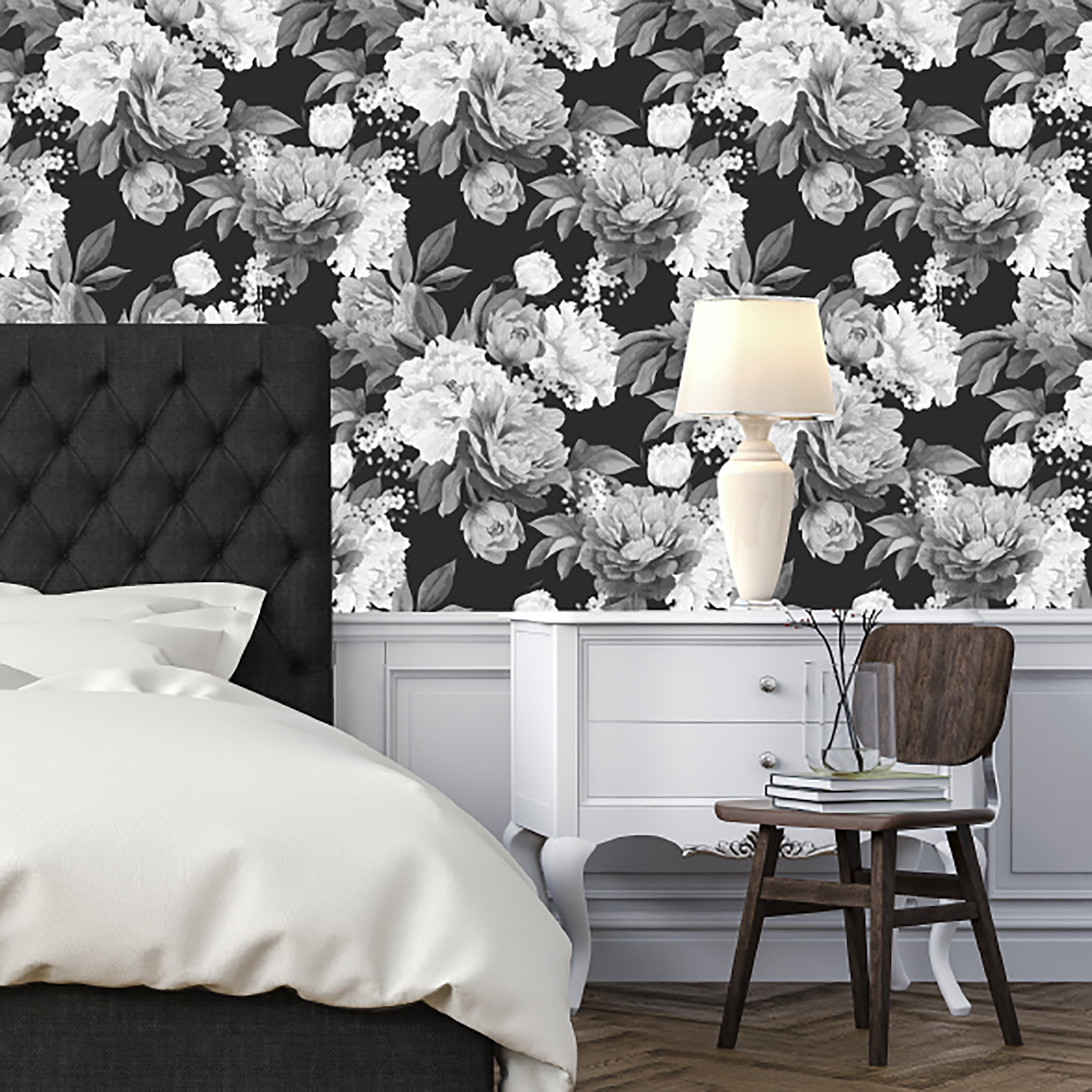 SIMPLIFY Black and White Floral Adhesive Wall Paper 3004-BW - The Home Depot
