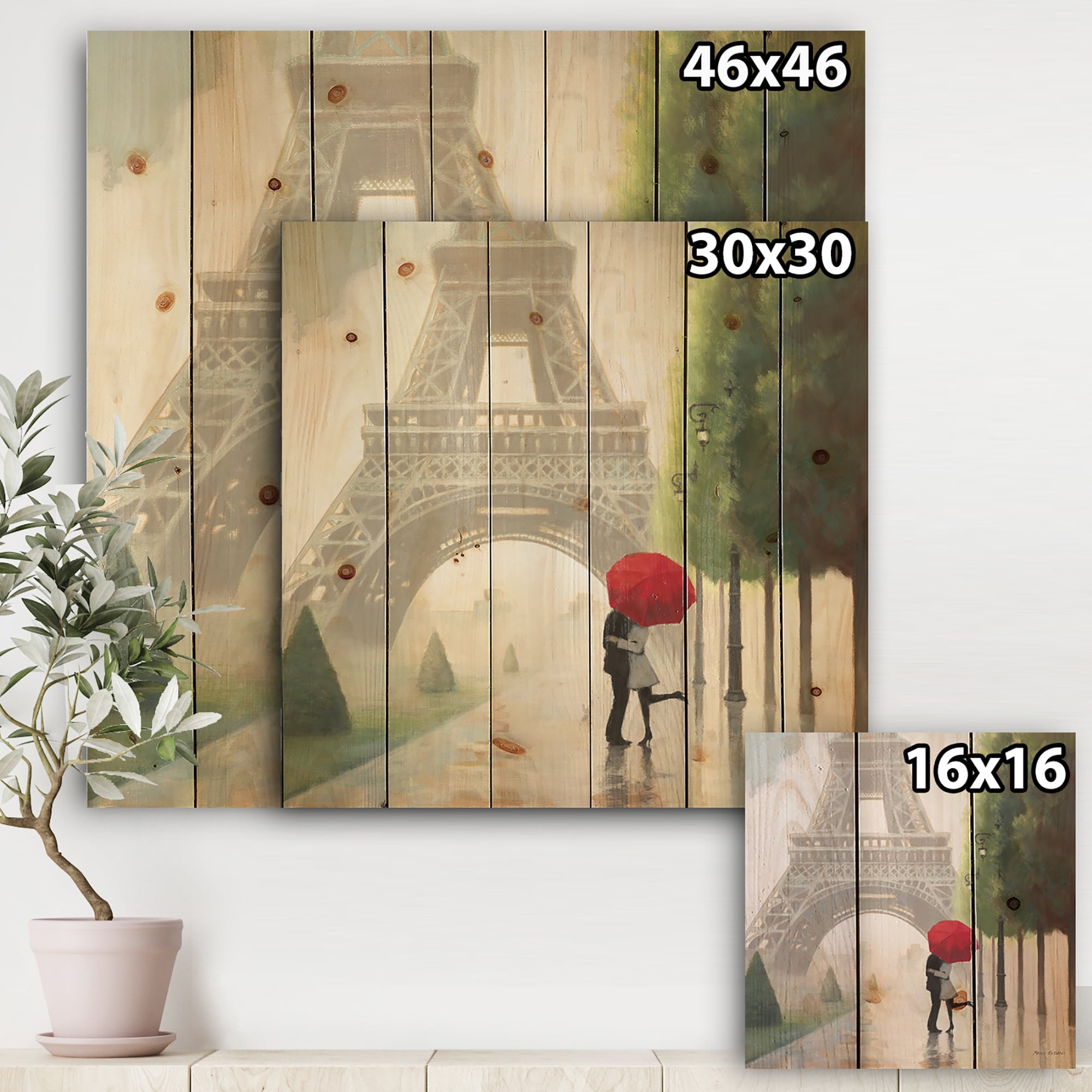 Designart 'Paris Romance Couples' Romantic French Country Print on Natural Pine Wood