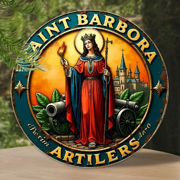1pc 2D, Saint Barbara, Artillery Guardian Saint Barbara Vintage Wooden Sign, Round Wall Art for Home Decoration, Room Decoration, Yard Decoration, Farmhouse Decoration, Garden Decoration, Living Room
