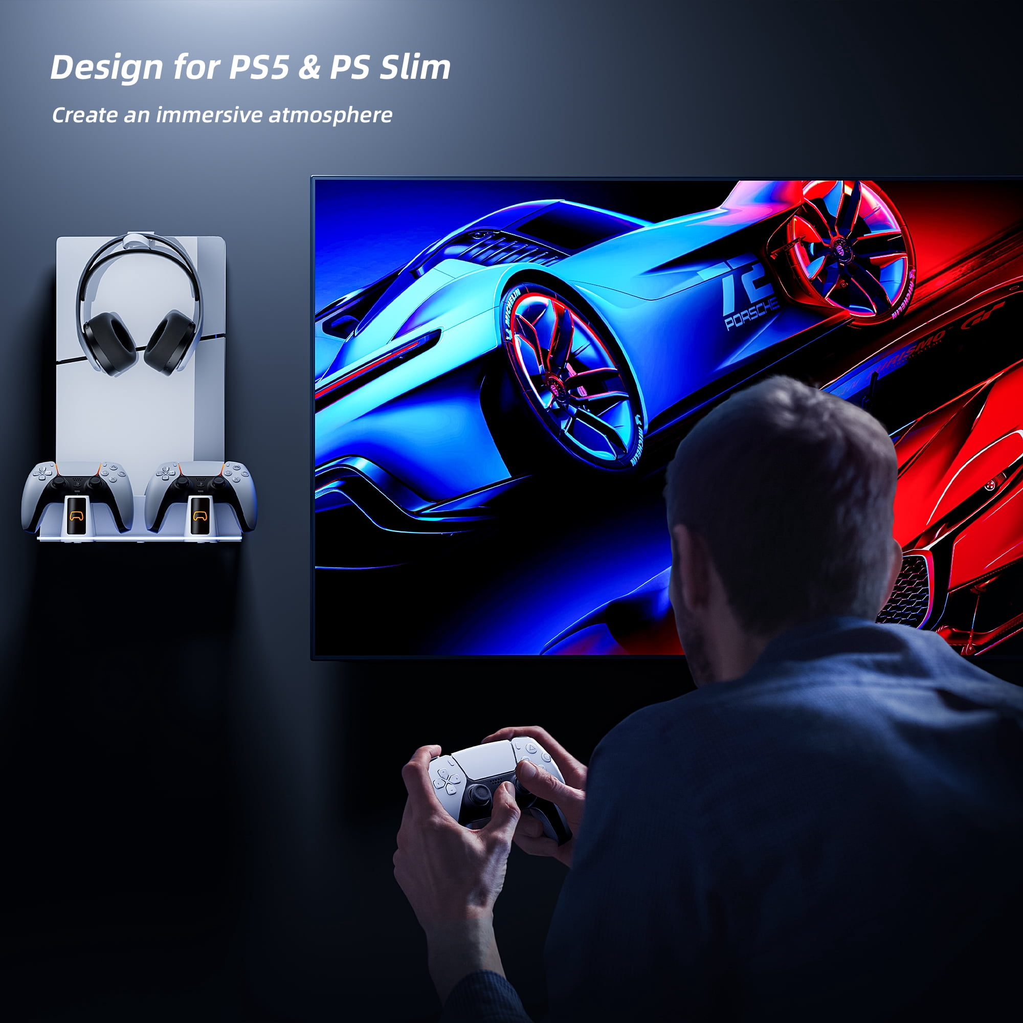 PS5 RGB Wall Mount Kit with Dual Charging Station, Shelf Mount Compatible with Both PS5 and New PS5 Slim Consoles, Wall Hanging Stand for Playstation 5 Accessories with Headset Holder