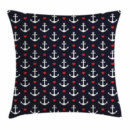 Anchor Throw Pillow Cushion Cover, Romantic Cruise Trip Pattern Little Hearts Vacation Sailor Love the Sea, Decorative Square Accent Pillow Case, 18 X 18 Inches, Black Vermilion White, by