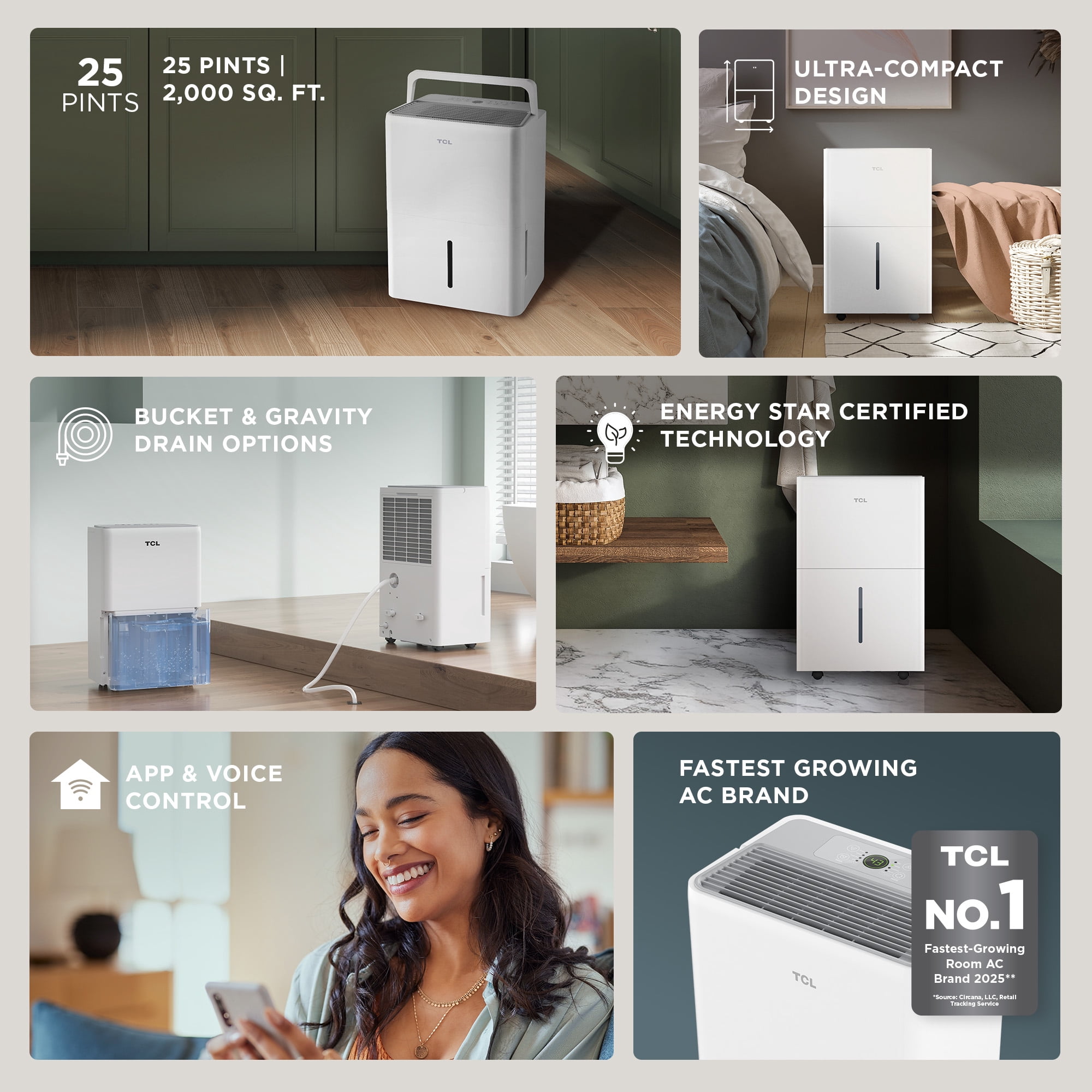 TCL 25 Pint Smart Dehumidifier (White) - Energy Star Certified, Precise Humidity Control, Quiet Operation, Bucket and Continuous Drain, Compact & Portable Design, Rooms up to 2,000 sq ft - W25D93W