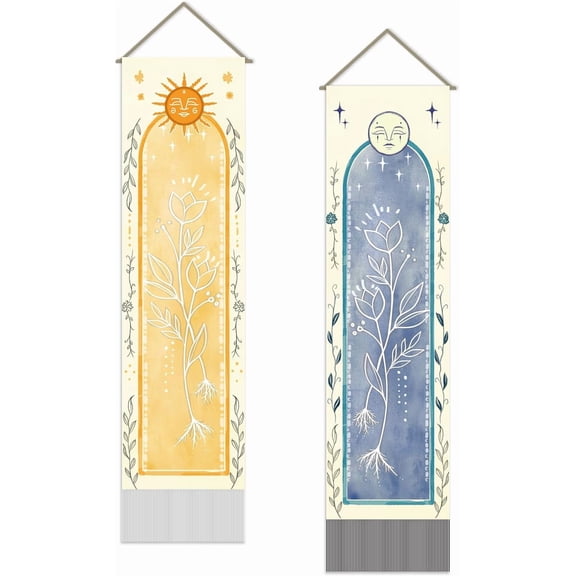 2PCS Arched Sun Moon Tapestry Modern Flower Wall Hanging Tapestries Long Vertical Tassel Tapestry with Poles Ropes