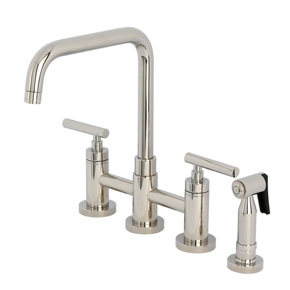 Kingston Brass KS8286CMLBS Manhattan Two-Handle 4-Hole Deck Mount Bridge Kitchen Faucet with Brass Side Sprayer in Polished Nickel