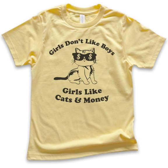 Kids Girls Don't Like Boys Girls Like Cats and Money T-shirt, Youth Kids Girl T-Shirt, Cat Shirt, Funny Saying, Yellow, Medium