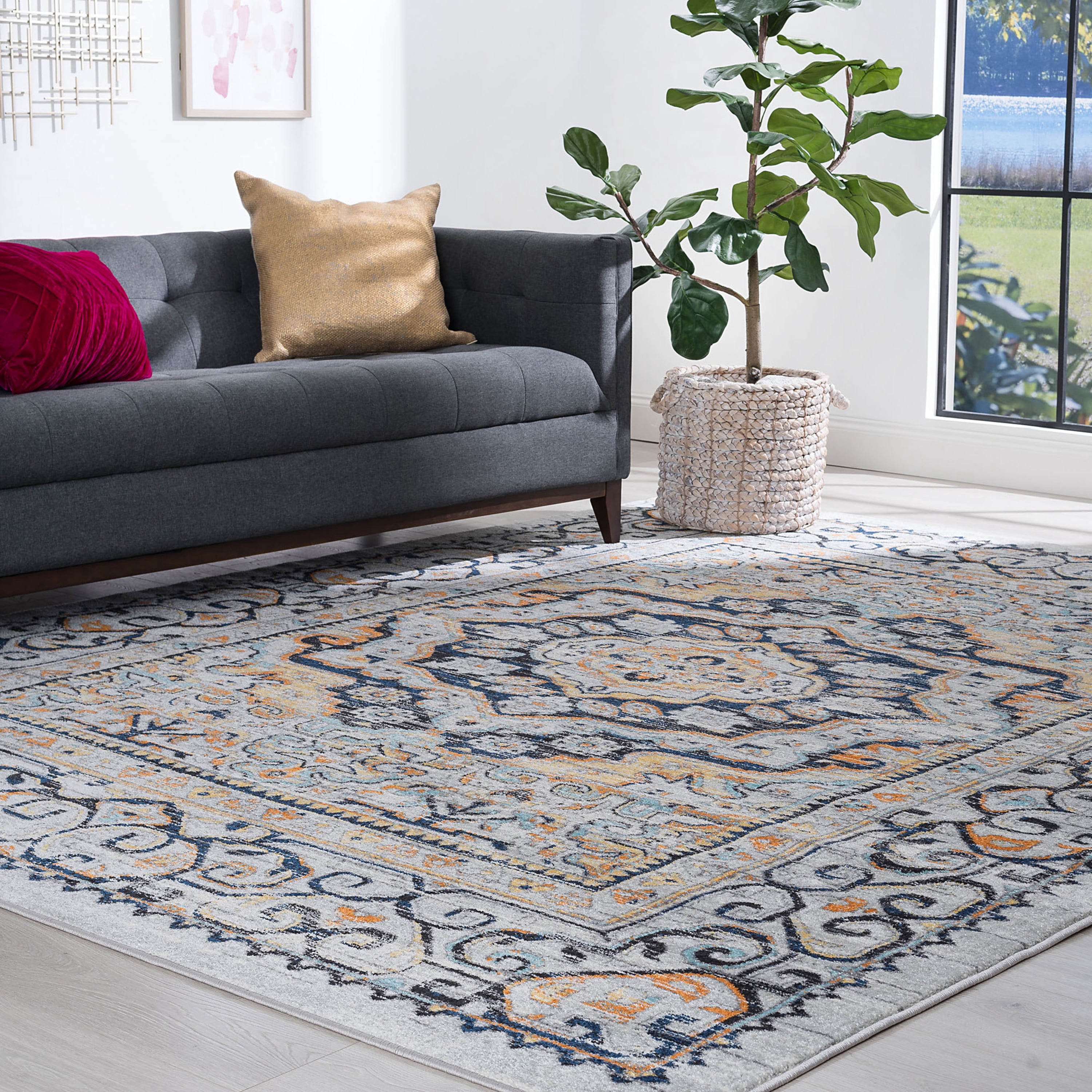 Transitional 9x12 Area Rug (8'9'' x 12'3'') Medallion Navy, Gray Living Room Easy to Clean