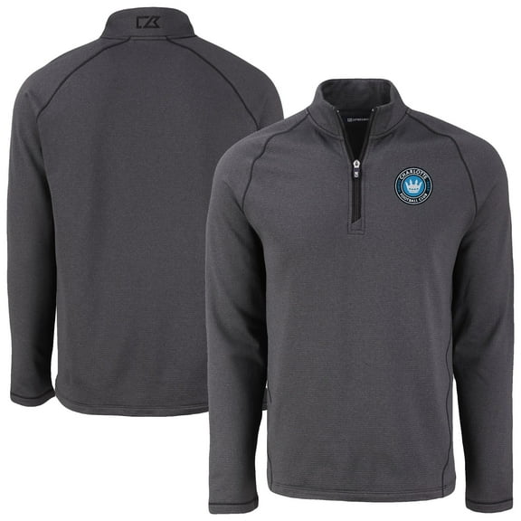 Men's-Cutter & Buck  Heather Black Charlotte FC Peshastin Eco Fleece Recycled Raglan Quarter-Zip Top