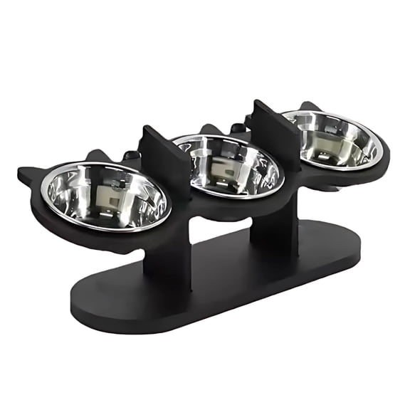Elevated Pet Feeder with 3 Stainless Steel Bowls - Adjustable Wooden Raised Stand with Cat Ear Design, Anti-Spill Feeding Station for Cats & Dogs