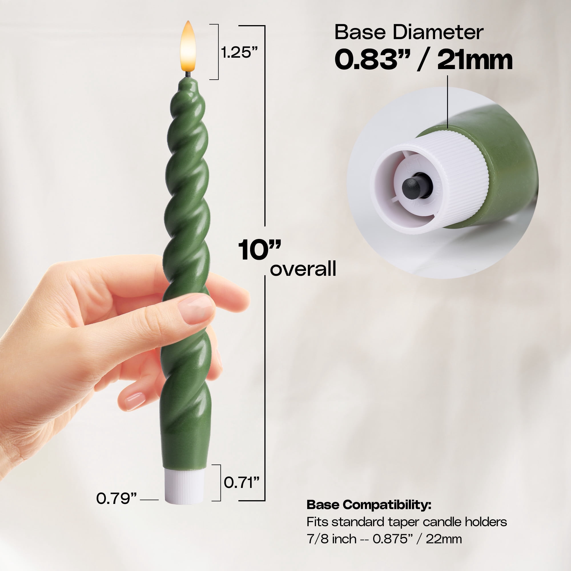 WYZworks 10" Flameless LED Taper Candles – Full Twisted Spiral – Loden Green, Set of 2 – Remote, 2/4/6/8-Hr Timer (24-hr Memory), Bottom On/Off Button, Dimmable, Battery Operated, Flicker/Steady