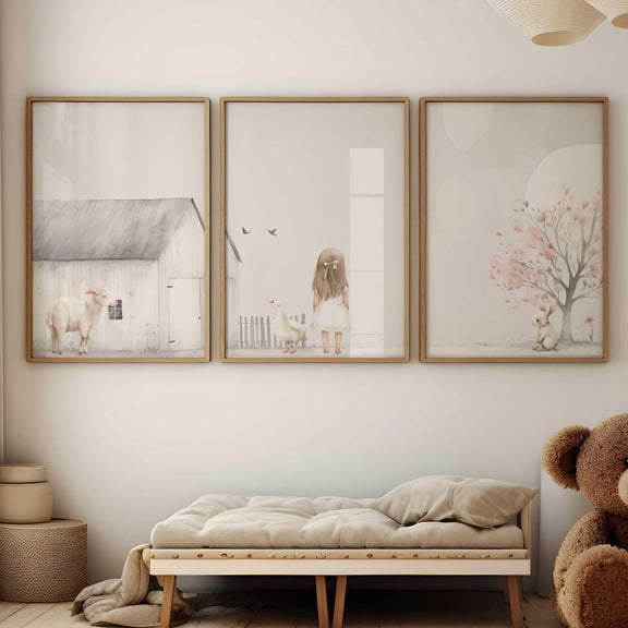 Luvia Farm Animal Nursery Decor, Little Farm Girl, Goose, Lamb & Bunny, Farm Animals, Set Of 3, Girl'S Room Decor, Country Art, Girl Art, Modern Wall Decor Set 3 Prints 8x12 UNFRAMED