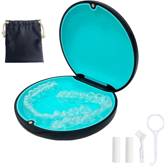 Retainer Case,Cute Slim Aligner Case Compatible with Invisalign,Retainer Holder with Aligner Remover Tool, Chew & Brush,Rope Bag (Black Shell Cyan Silicone)