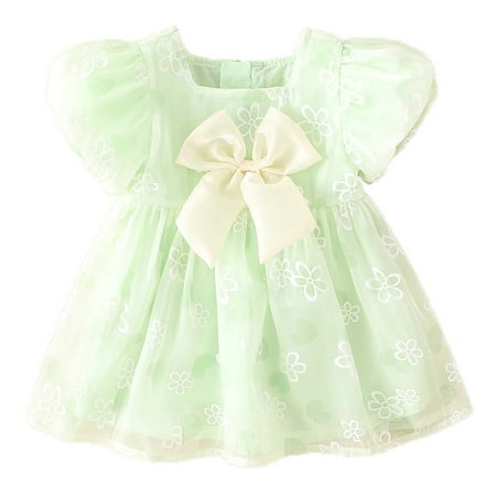 

Toddler Baby Girls Climbing Clothes Girl’S Heart And Floral Print Bubble Short Sleeve Bow Tie Dress For Summer For 18-24 Months