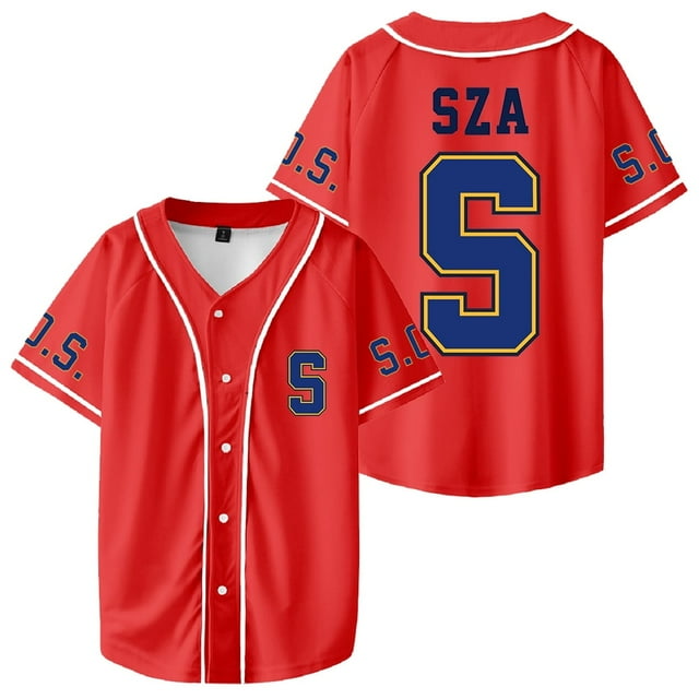 SZA Jersey SOS Blind Nouvel Album Vestes de Baseball Chemises Manches Courtes Mode Urbaine Hommes Femmes T-Shirt Mode, TTTG, Rouge