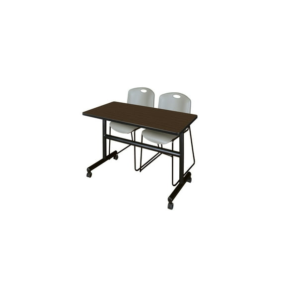 Regency Kobe 48 x 24 in. Flip-Top Training Nesting Table- Neo Walnut, 2 Zeng Stack Chairs- Grey