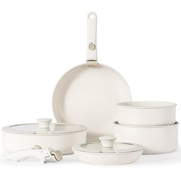 Florosa Ceramic Pots and Pans Set Non Stick with Removable Handle Detachable Handle Pots Pans, 9pcs Nonstick Cookware Set Non Toxic PFAS/PTFE Free White