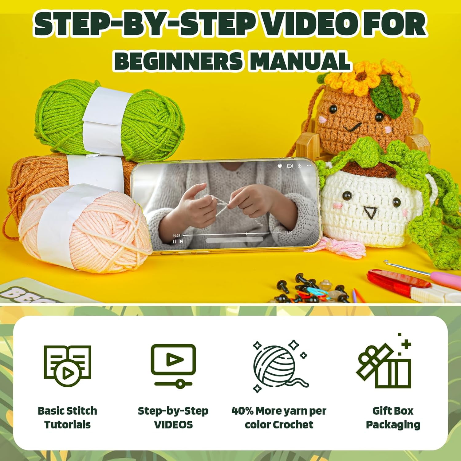 Imcrasy Crochet Kit | Crochet Kit for Beginners | Beginner Crochet Kit with Step by Step Video Lessons | 6 PC Cute Potted Plants Crochet Kit with Complete Crochet Accessories(40%+ Yarn)| WhiteBrown