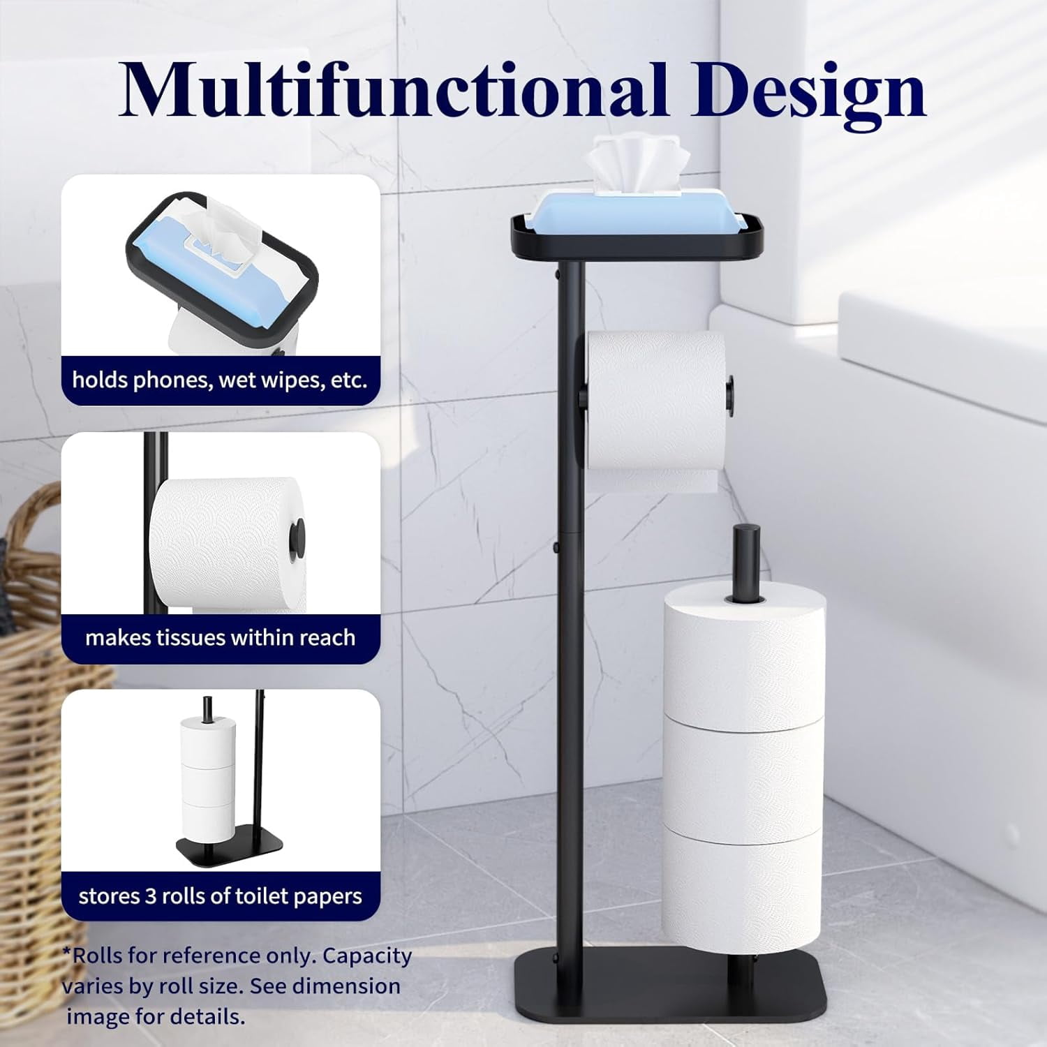 Kitsure Toilet Paper Holder Free Standing – Rustproof Metal Stand for 4 Rolls with Anti-Slip Base and Shelf Phone & Small Items, Bathroom Organizers Storage, Medium, Black