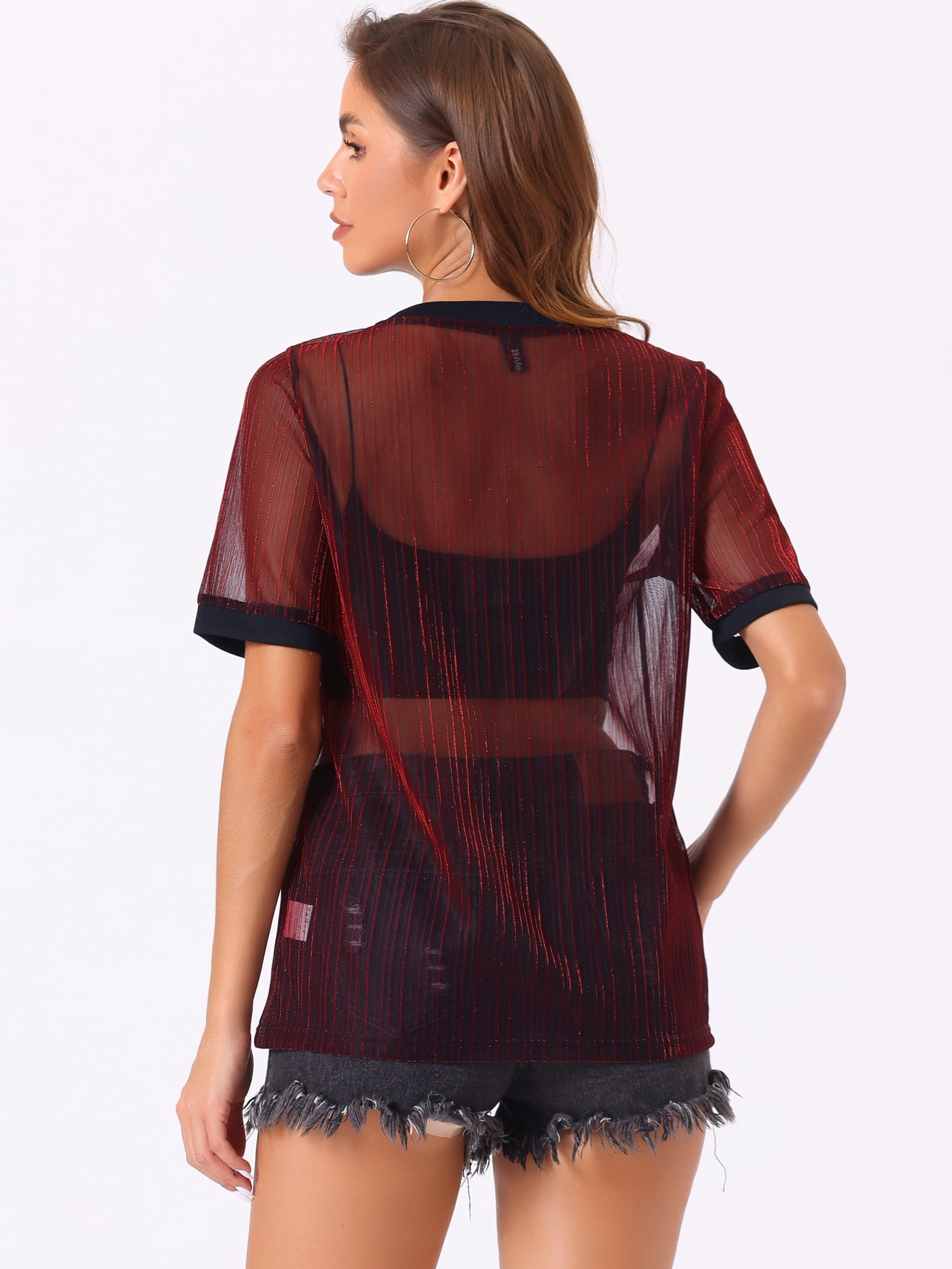 DARING DIVA Women's Sheer Mesh Top Contrast Short Sleeve T-Shirt S Dark Red