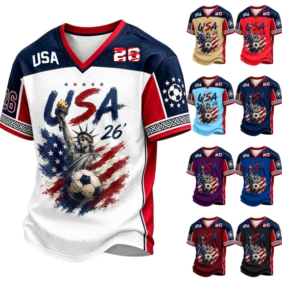 2026 New Men's USA Soccer Jersey T-Shirt, United States Jersey Soccer 2026 Country Team V Neck Short Sleeve Fan International Football Shirt Retro Streetwear Top for Adult(White, 2XL)