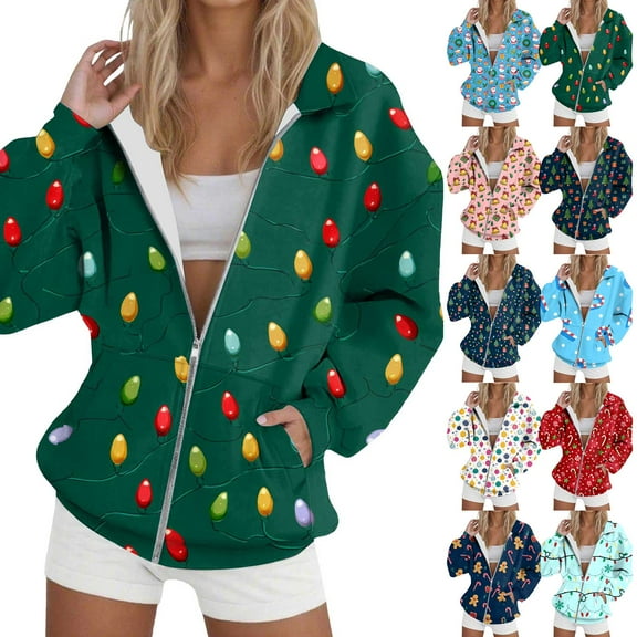 TTUHYWXI Womens Christmas Sweatshirt Jackets Plus Size Zip Up Hoodie Lightweight Sweater Black Fall Outfits (Blue, XXL)