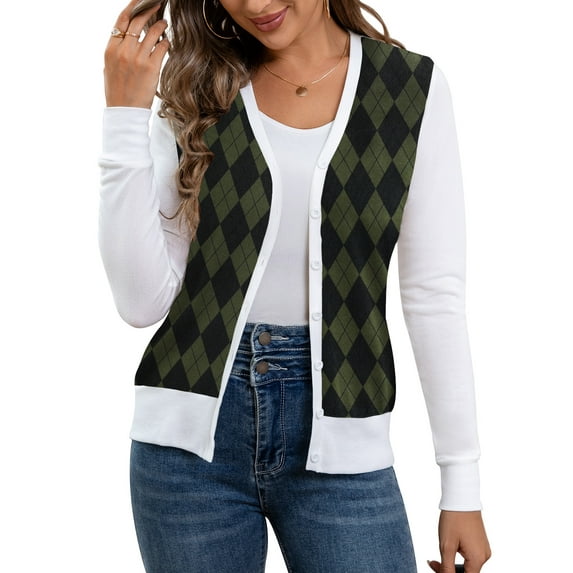 McVanedy Women's Long Sleeve Button Down V Neck Argyle Knit Cardigan Sweater S-XL