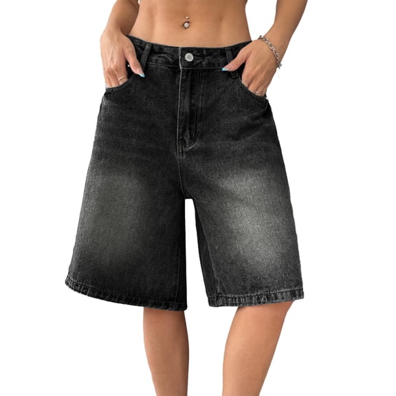 Quixlent Women's Bermuda Jean Shorts High Waisted Knee Length Baggy Jorts Wide Leg Loose Denim Shorts with Pockets